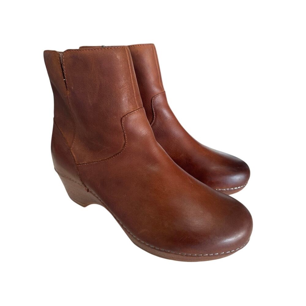 Dansko Brown MEGHAN Leather Wedge Ankle Boots Side Zip Comfort Clogs EU 41